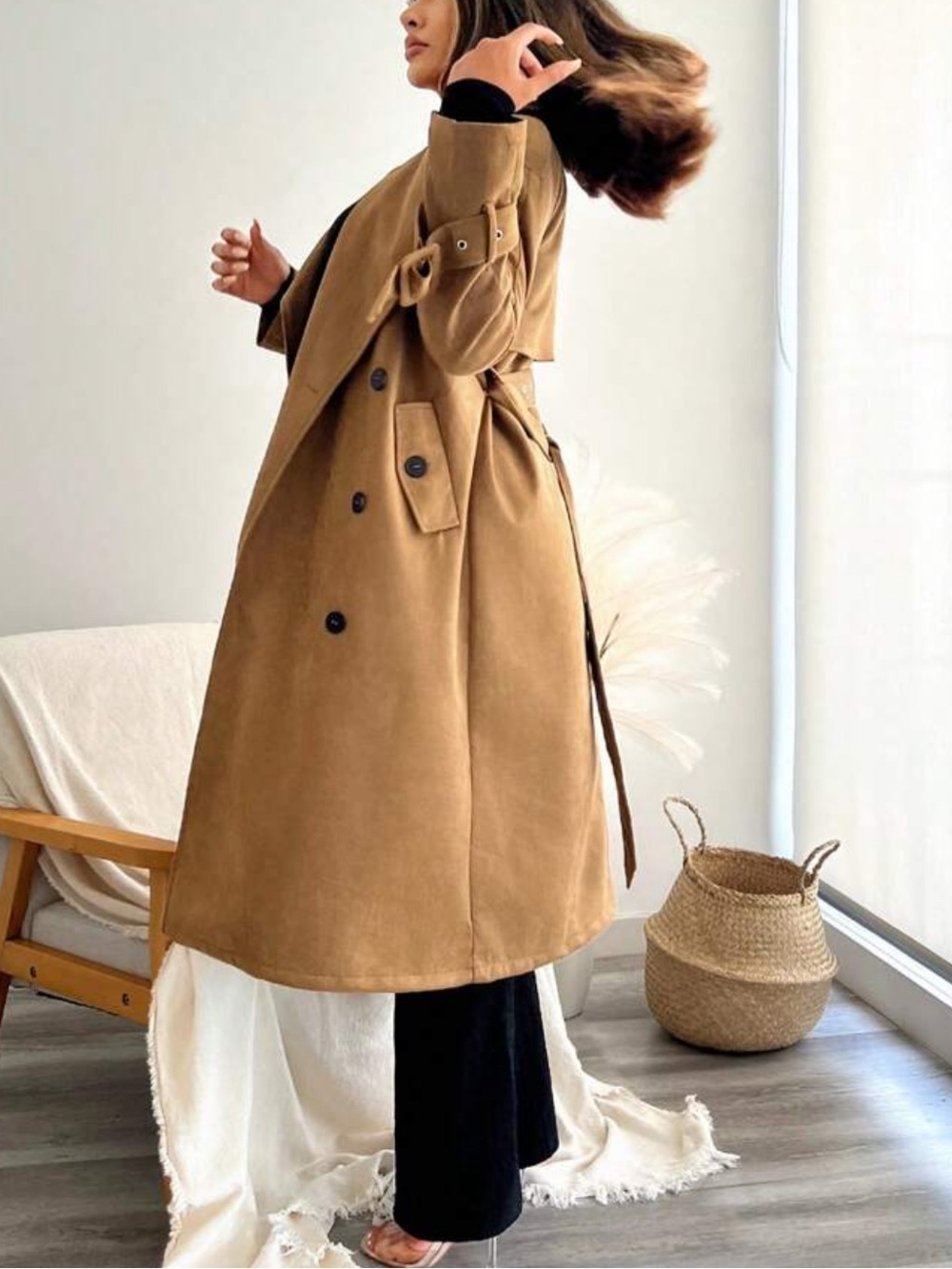 Tan camel faux suede Double-Breasted Trench Coat